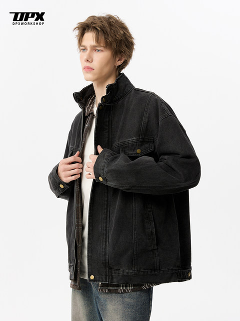 Dpx Spring and Autumn Heavyweight Washed Distressed Stand Collar Denim Jacket for Men, Trendy Retro Loose Casual Jacket Top