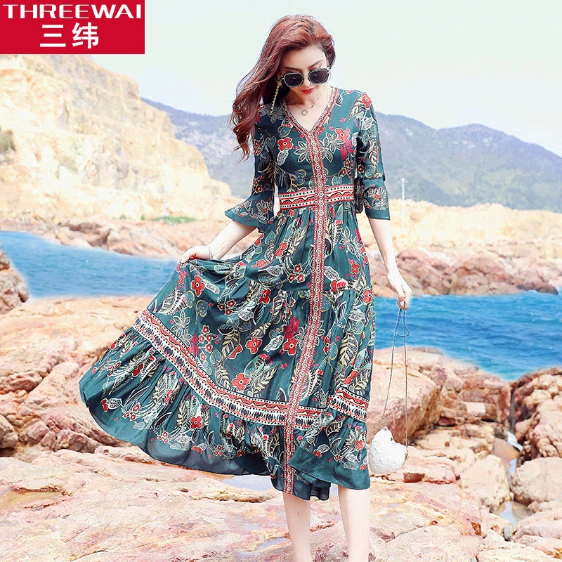 Váy lụa Sanwei 2020 xuân hè mới dâu tằm lụa retro kỳ nghỉ in khí chất thanh lịch váy dài nữ - Váy eo cao