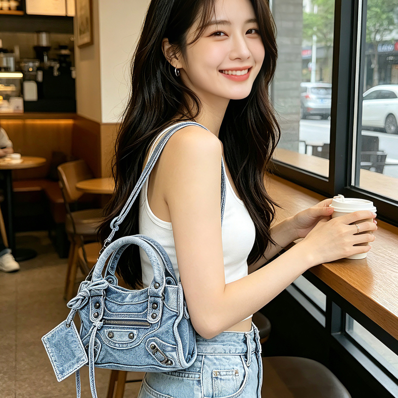 2026 New Lecity Denim Motorcycle Bag Multi-Pocket Washed Denim Canvas Vintage Studded Tote Bag for Women 2026 New Lecity Denim Motorcycle Bag Multi-Pocket Washed Denim Canvas Vintage Studded Tote Bag for Women