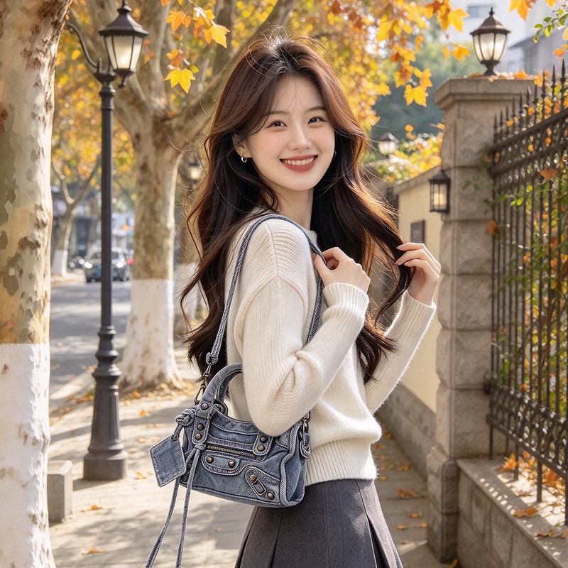 2026 New Lecity Denim Motorcycle Bag Commuter Bag Washed Denim Canvas Retro Rivet Tote Bag for Women