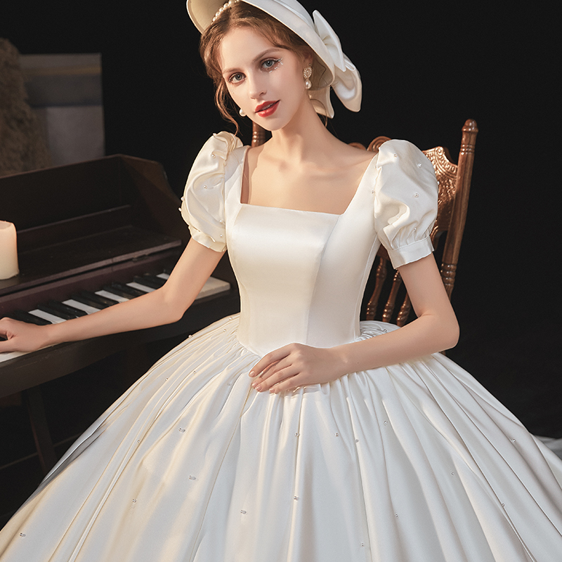 Purple Fairy style silk satin finish main wedding dress 2022 new trailing bubble short sleeve temperament bride Jane Joy's autumn 