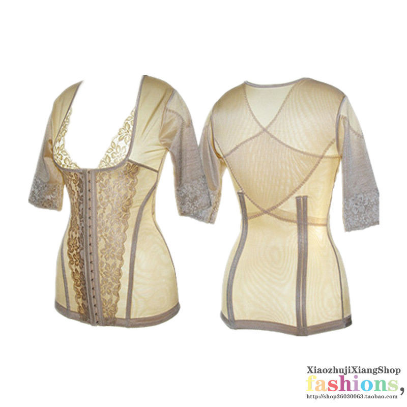 Foreign Trade Embroidered Lace Trim Button-Down Long-Sleeve Bustier Waist Cincher Tummy Control Arm Slimming Body Shaper for Women