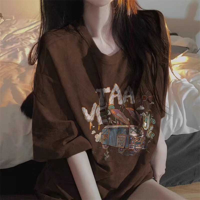 Pure Cotton American Retro Brown Short-Sleeved T-Shirt for Women, New Summer Style, Oversized Loose Design, Niche Top