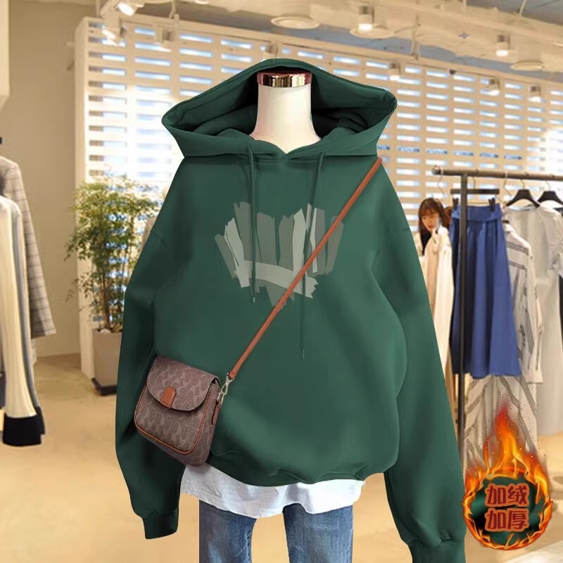 Pure Cotton Dark Green Hooded Sweatshirt for Women, Autumn and Winter, Fleece-Lined and Thickened, 2025 New Popular Style, Loose, Fashionable and Stylish Jacket