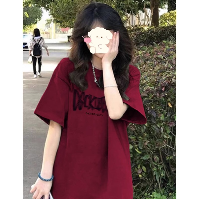 Pure Cotton American Retro Style Regular Shoulder Burgundy Short-Sleeve T-Shirt for Women, Summer 2026, Loose Half-Sleeve Niche Trendy Brand Top