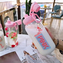 Korean net red glass Pink Leopard straw Tea leaky cup Large capacity portable couple cup Male and female student cup