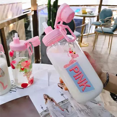 South Korea Net red glass pink leopard straw tea leak cup large capacity portable couple Cup for men and women student Cup