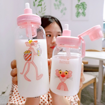 Korean Pink Leopard glass with straw Schoolgirl fresh and cute portable net red water cup ins Girl heart cup