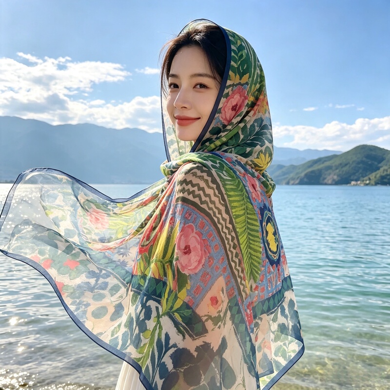 110cm Ethnic Style Printed Large Square Scarf, Silk Scarf for Women, Summer Thin Sun Protection Beach Shawl, Scarf, Waist Scarf, Headscarf