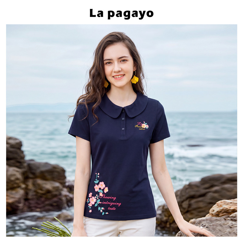La Pagayo Summer New Women's Fitted Printed Pullover Top Polo Collar Casual Cotton Short-Sleeved T-Shirt La Pagayo Summer New Women's Fitted Printed Pullover Top Polo Collar Casual Cotton Short-Sleeved T-Shirt