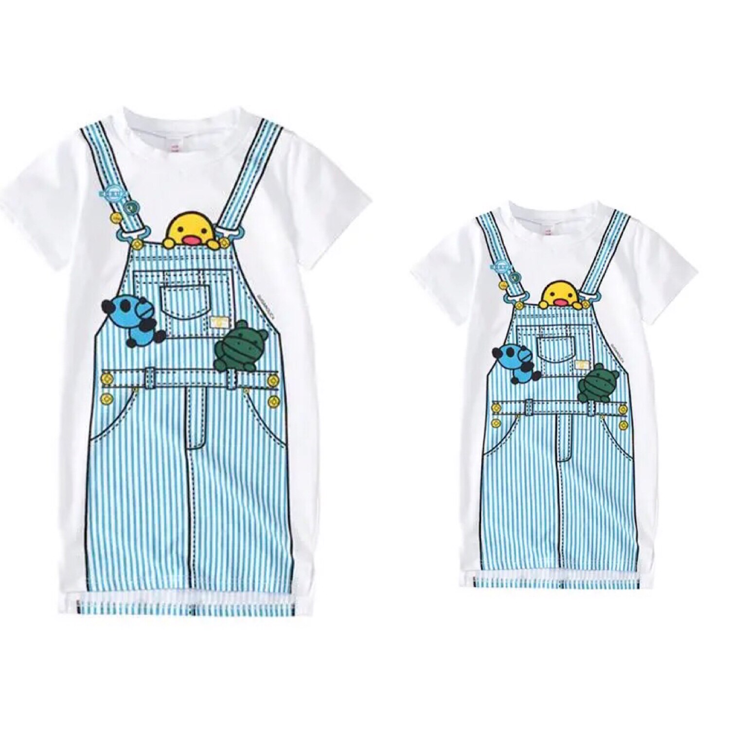 2020 cartoon small yellow duck vertical stripe pocket with baby bag pure cotton printed mother and mother mother-son dress T-shirt foreign dress