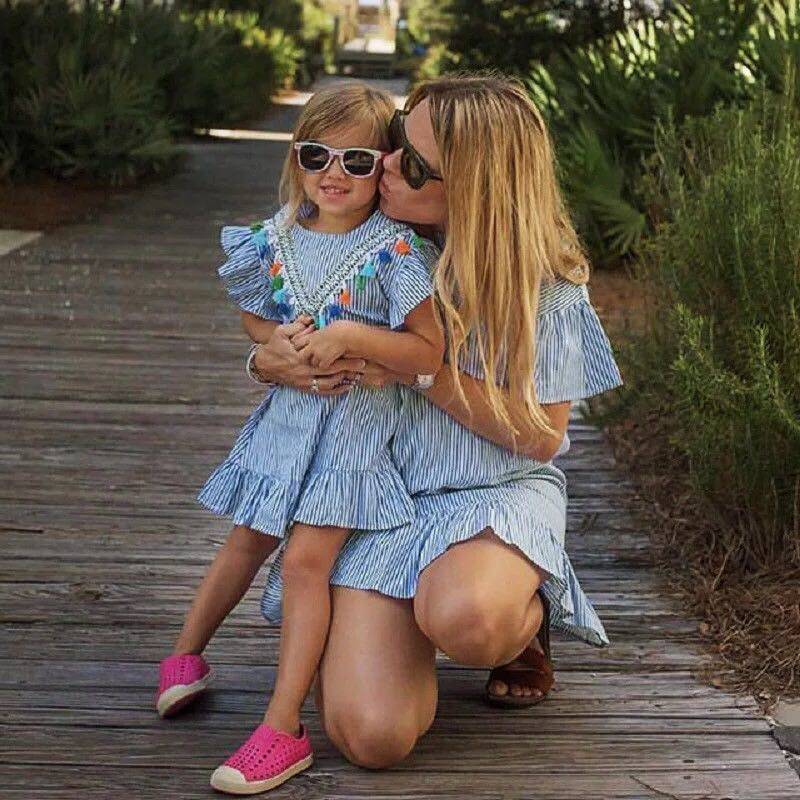 2018 summer striped flying sleeves lotus leaf with fish tail lotus leaf edge stream Su ethnic wind female dress pro-dress foreign dress