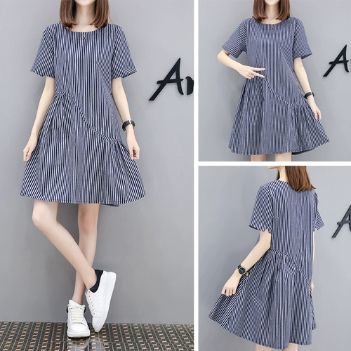 Đầm dự tiệc châu Âu 2019 cotton và vải lanh trong phần dài lỏng lẻo phiên bản Hàn Quốc mỏng của váy búp bê A-line sọc nữ thủy triều - A-Line Váy