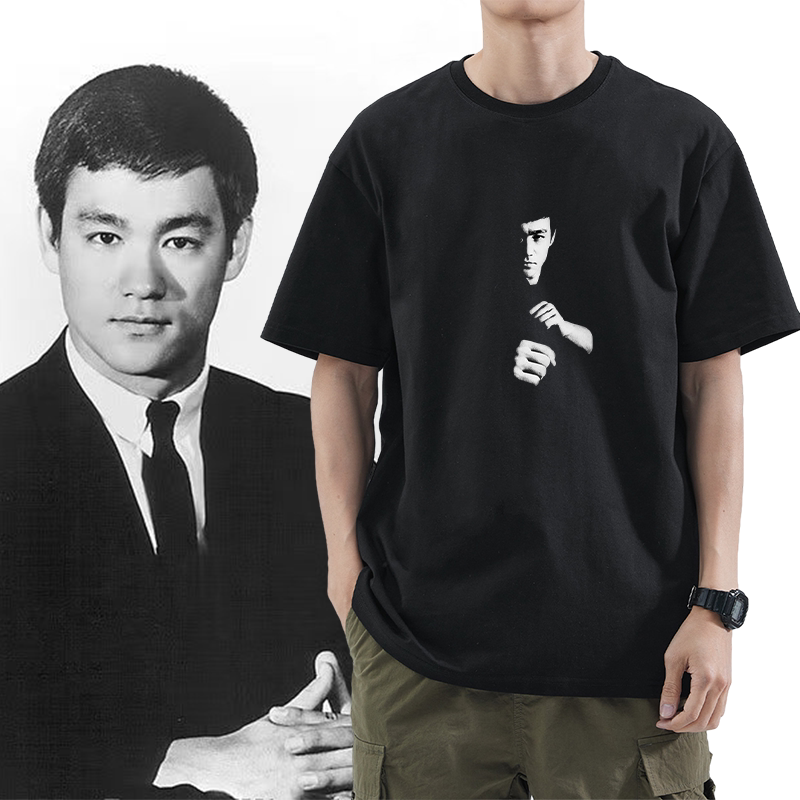 Tribute to Bruce Lee T-Shirt for Men and Women, Pure Cotton, Loose Fit, Drop Shoulder, Five-Quarter Sleeves, Summer Chinese Kung Fu