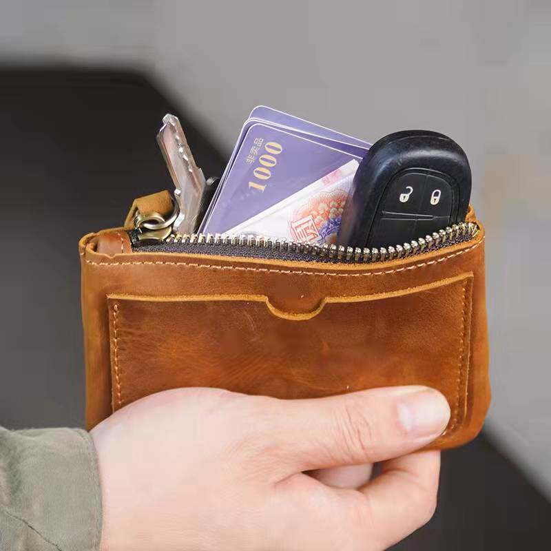 VEBOLE Explosive Leather Card Holder Zipper Coin Purse Retro Solid Color Small Bag First Layer Crazy Horse Leather Document Bag