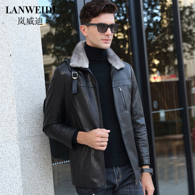 Haining leather leather men's medium and long version mink collar goatskin leather down jacket men's leather fur coat thick