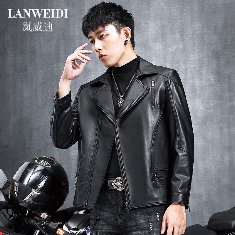 Henning Genuine Leather Leather Clothing Men's Head Layer Bull Leather Jacket Short of locomotive suits collar Korean version of body jacket turnover