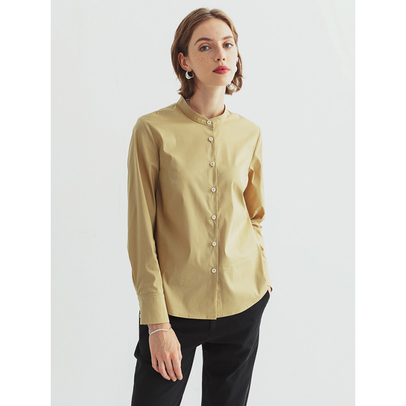 Slow tea mcha light turmeric stand collar anti-wrinkle shirt women's simple commuter wear long-sleeved shirts original design