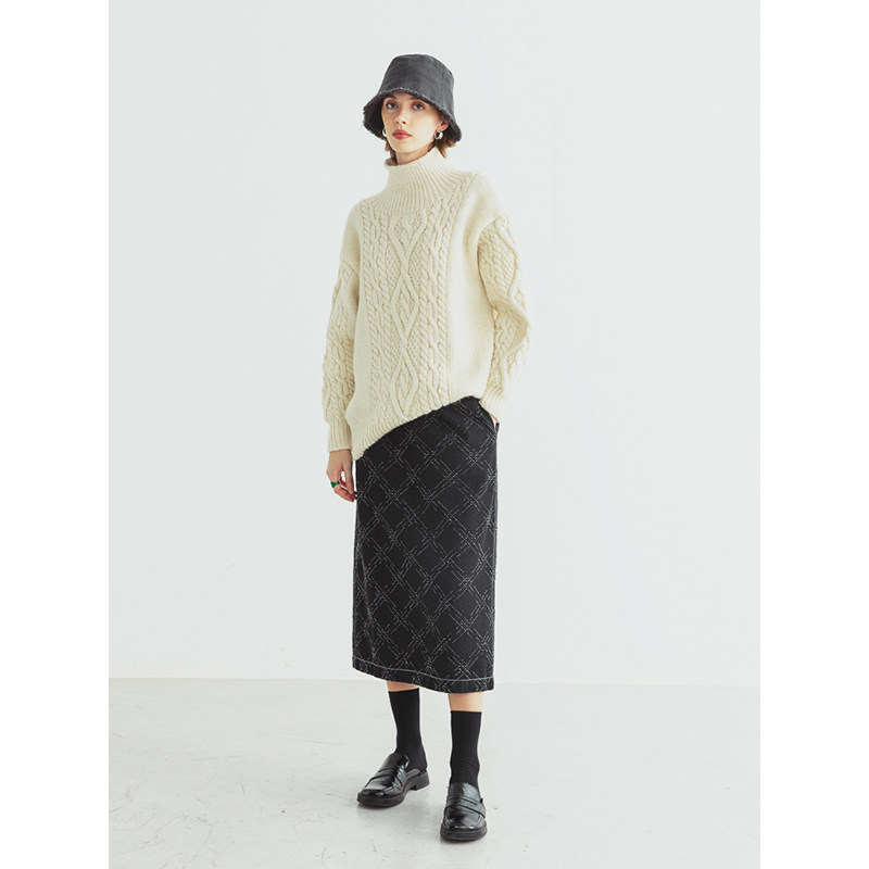 Slow tea black thorn embroidered denim skirt with wash water and old vintage a-line skirt autumn mid-length version with elastic waist