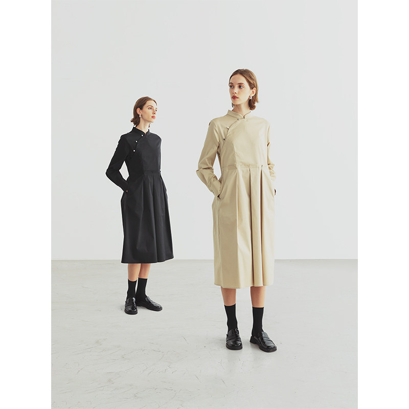 Slow Tea Card Its Improved Qipao Dress Autumn 2021 Commute Brief New Chinese Neckline Black Cabled Long Sleeve Foreign Dress