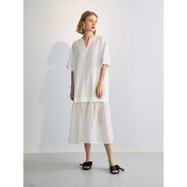 Slow tea rice white V collar short sleeves low waist one-piece dress Summer long style Lazy Loose Skirt Fake two design feeling small crowd