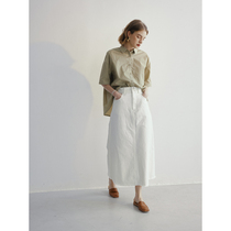 Slow tea mcha indigo wash water denim high waist a word half body dress spring summer medium long hair side rice white long dress