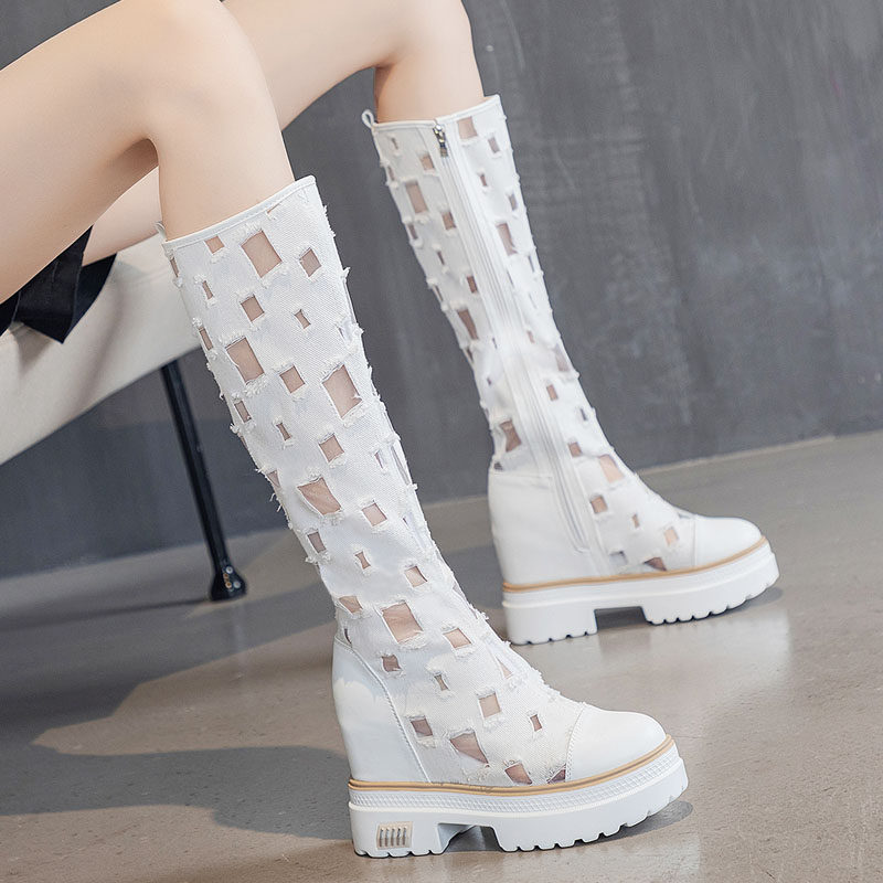 Fashion Net Yarn Thin length Boots Woman Summer Cool Boots Hollowed-out Slim breathable slim boot thick bottom length boots heightening high cylinder boots