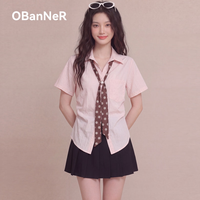 O·Banno 2026 Summer Polka Dot Tie Scarf Shirt Plus Size Women's Clothing Fat mm Waist-Cinching Cardigan Top