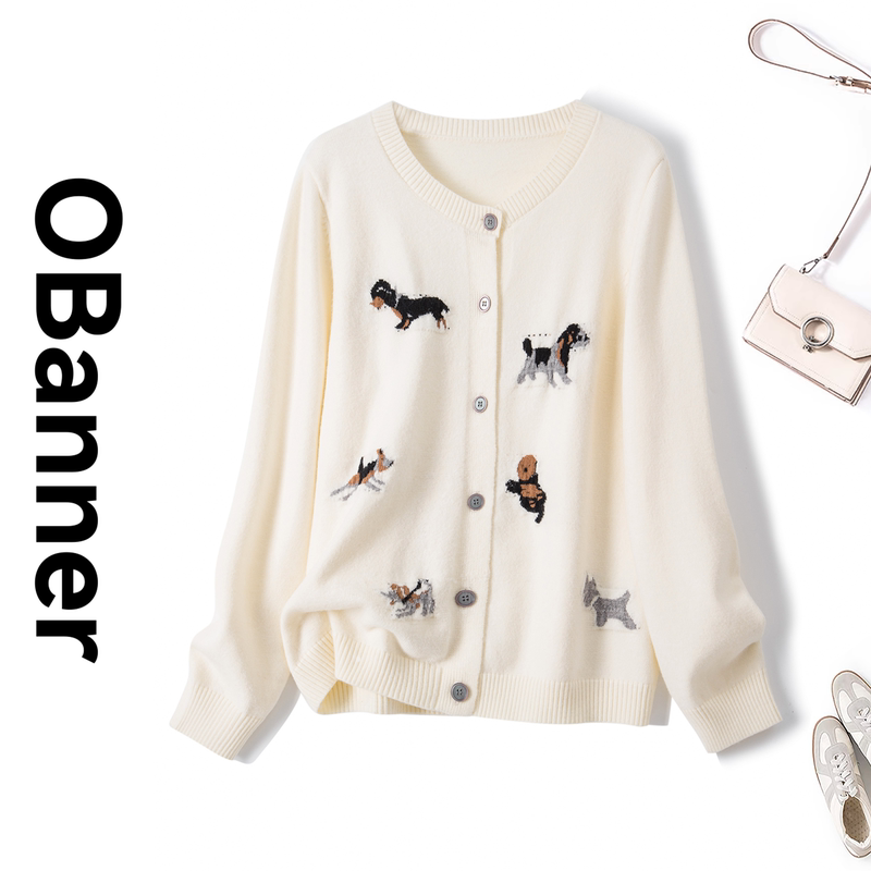 Obanner2026 Spring Plus Size Apricot Cartoon Dog Pattern Sweater Women's Lazy Style Cardigan Knitwear 68730