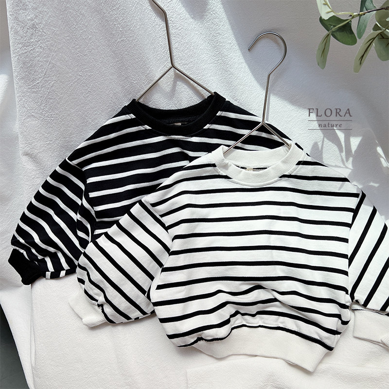 Spring and autumn boys and girls striped cotton terry thick T-shirt unisex casual loose all-match top pullover jacket