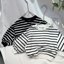 Spring autumn male and female children striped pure cotton woolen sweater neutral casual loose 100 lap upsets jacket head jacket