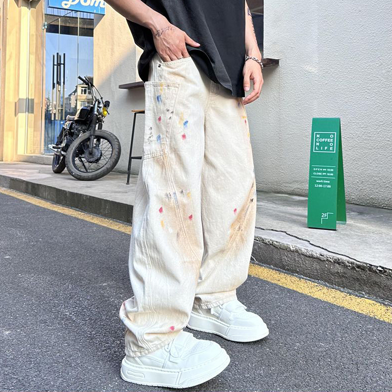 Hong Kong Trendy Brand Men's Jeans Spring New American High Street Splatter Ink Workwear Scimitar Pants Men's Loose Straight Pants