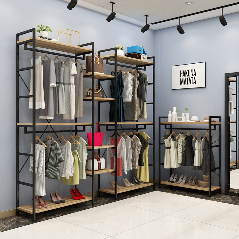 Clothing store display stand Floor-to-ceiling double-layer hangers Men's and women's clothing store shelves Display cabinets Wrought iron hanging clothes racks