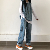 There is an ideal national trend heavy washed jeans men elastic waist loose hip hop high waist jeans thin women DRINTO