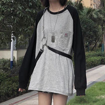 Ideal national tide color matching shoulder gray black color long sleeve women Tide brand pocket top 20ssRarecd pory