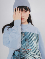 Ideal national tide shade print blue sweater mens and womens loose hat-free round neck pullover long sleeve top NECY