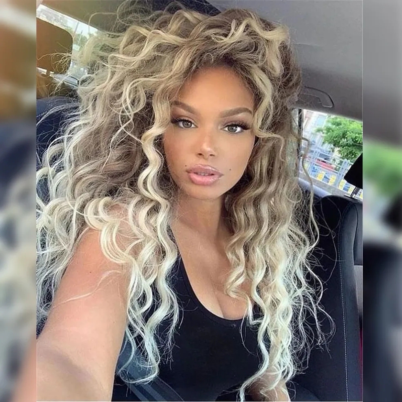Latin American Style Full Head Wig for Women, Long Curly Hair, Internet Celebrity Street Style, Brown Gradient, Off-White, Hong Kong Style, Fluffy Wig, Full Head