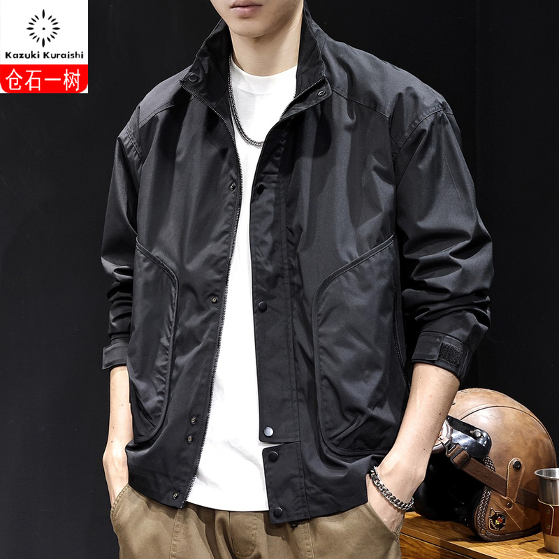 Kangshi Yishu Black Stand-Up Collar Work Jacket Men's Spring and Autumn Zipper Cardigan Short Windbreaker Jacket with Cotton Lining