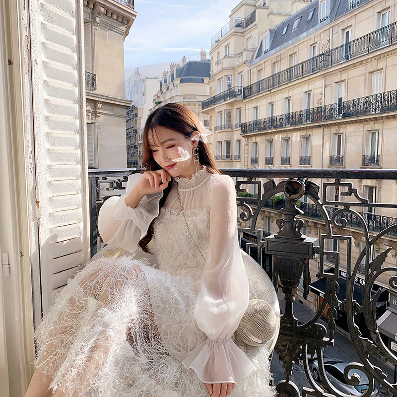Yang small roll French elegant Super fairy temperament white feather stitching dress chiffon sequin fairy dress autumn and winter