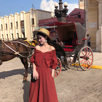 Yang small roll 2021 spring new French retro air Red quality over the knee Medium-length dress shoulder thin dress