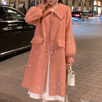 Yang Xiaolu Druna Series Xiaoxiang imitation mink sequin pink woolen coat womens long coat winter