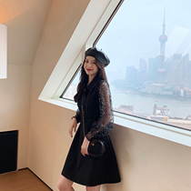 Yang small roll autumn and winter 2021 new black French retro elegant stitching sequin mesh gauze lantern sleeve dress