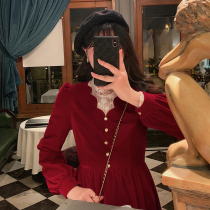 Yang small roll French retro high-end temperament Hepburn style petal V-collar long velvet dress women autumn and winter