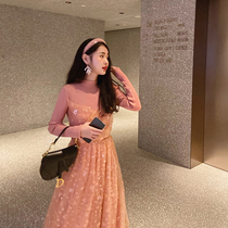 Yang Xiaolu Xian temperament sequin mesh yarn stitching sweater skirt long waist bottom knitted dress autumn and winter