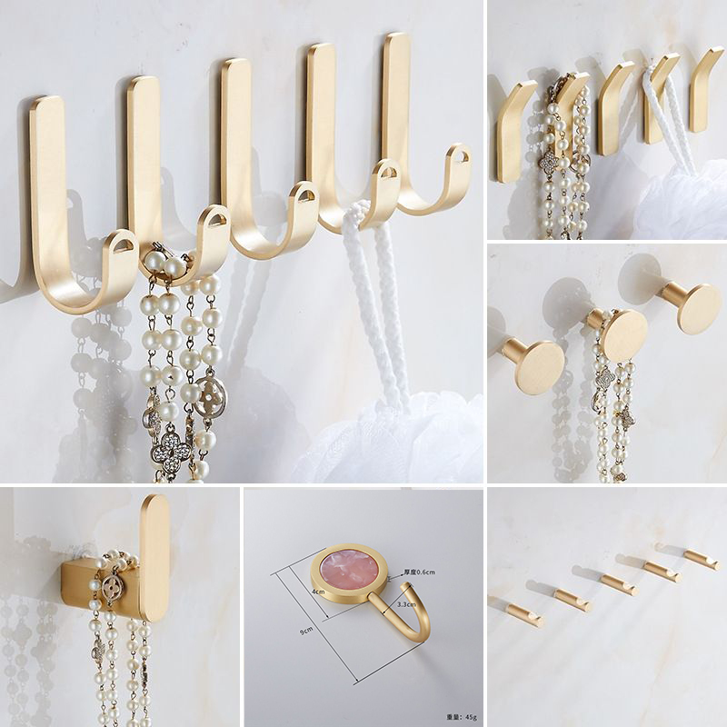 Free Punch Hang Clothes Hook Shoes Cabinet Creative Hooks Wall Door Rear Cloths Hood Hook Wall-mounted Bathroom Brass Wire Drawing Gold Single Hook