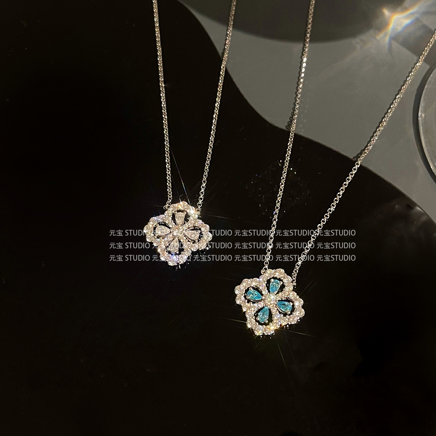 JUE 美しいLOP〜S925スターリングシルバー四つ葉のクローバーループネックレスサファイアペンダントガールフレンド幸運鎖骨チェーン