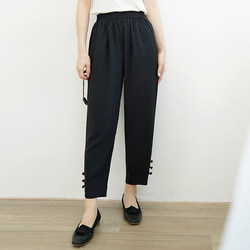 ຫໍພິພິທະພັນ Ai Hui Summer ຈີນ Retro Elastic Waist Simulated Silk Foot Pants Women's Black Casual Commuting High Waist Straight Pants