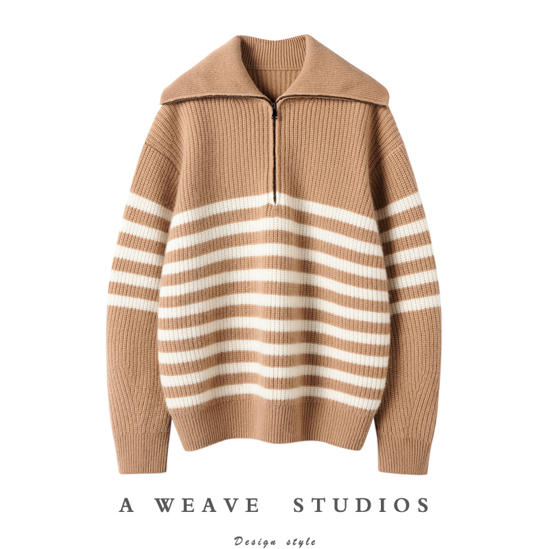 Paris Sea Soul Stripe~Navy Collar/Turtleneck Pullover Pure Cashmere Sweater for Women Autumn/Winter Striped Knitted Cashmere Sweater