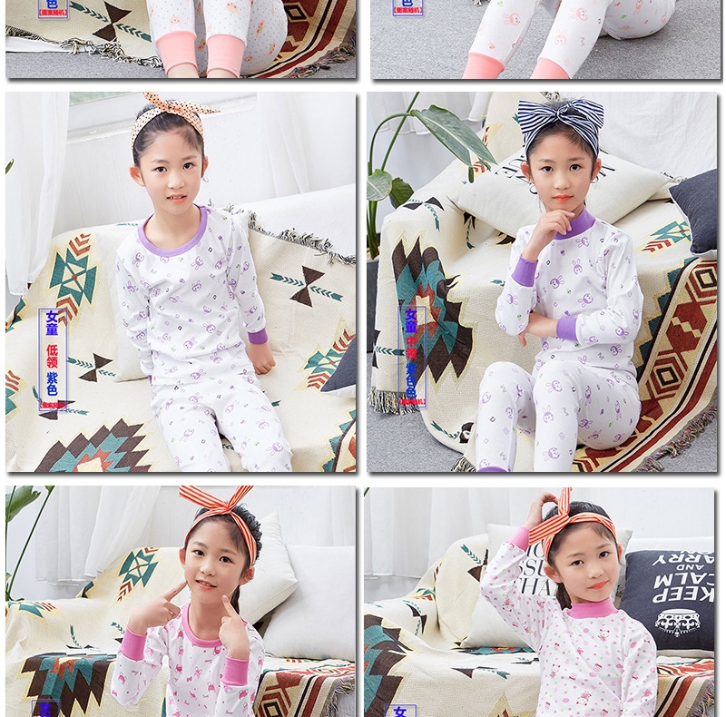 Quần áo trẻ em lớn trẻ em mùa thu quần áo cotton phù hợp với đồ lót trẻ em bộ bông cô gái cổ tròn đồ ngủ cotton áo len đồ ngủ đáng yêu cho bé