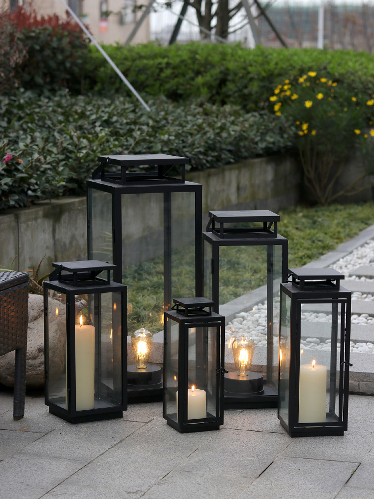 European retro Wrought iron glass windproof candle ornaments Garden windproof lamp Home decoration Outdoor wedding candlestick Household